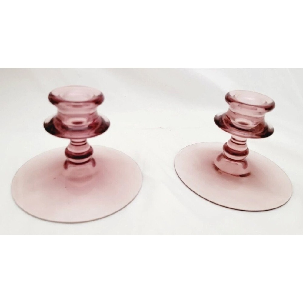 Vtg Purple Manganese Glass Tapper Candle Holders Set UV Light Fostoria Orchid